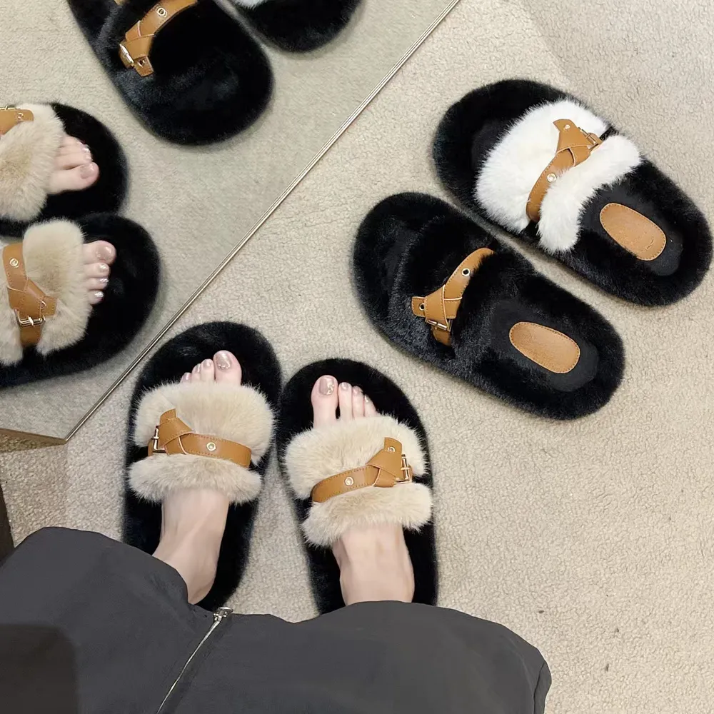2023 neueste Pelzwolle Slider Frauen Mode Sandalen Schuhe Grüne Handtellschuhe