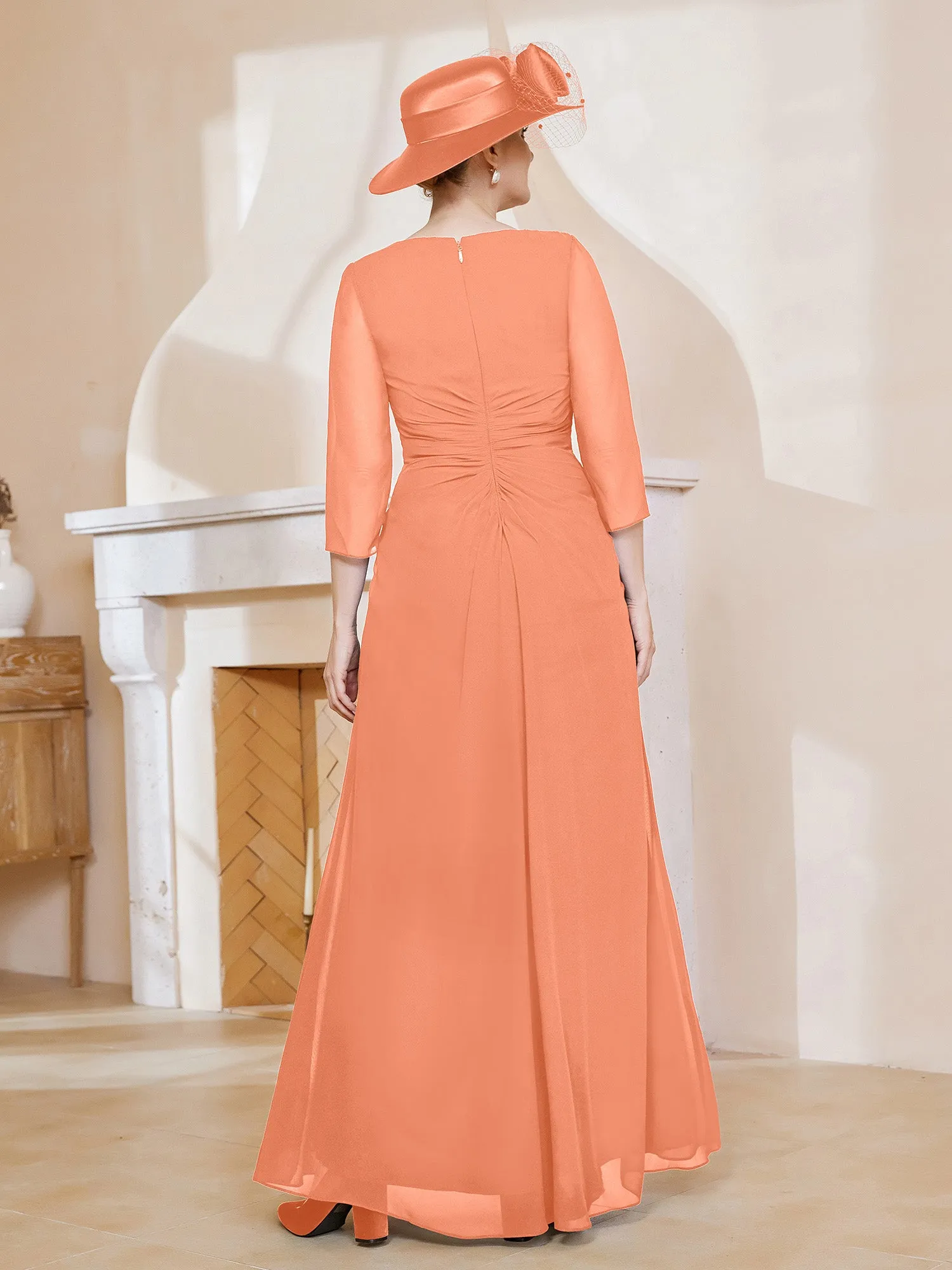 3/4 rmel V-Ausschnitt A-Linie Plissee Kleid Papaya