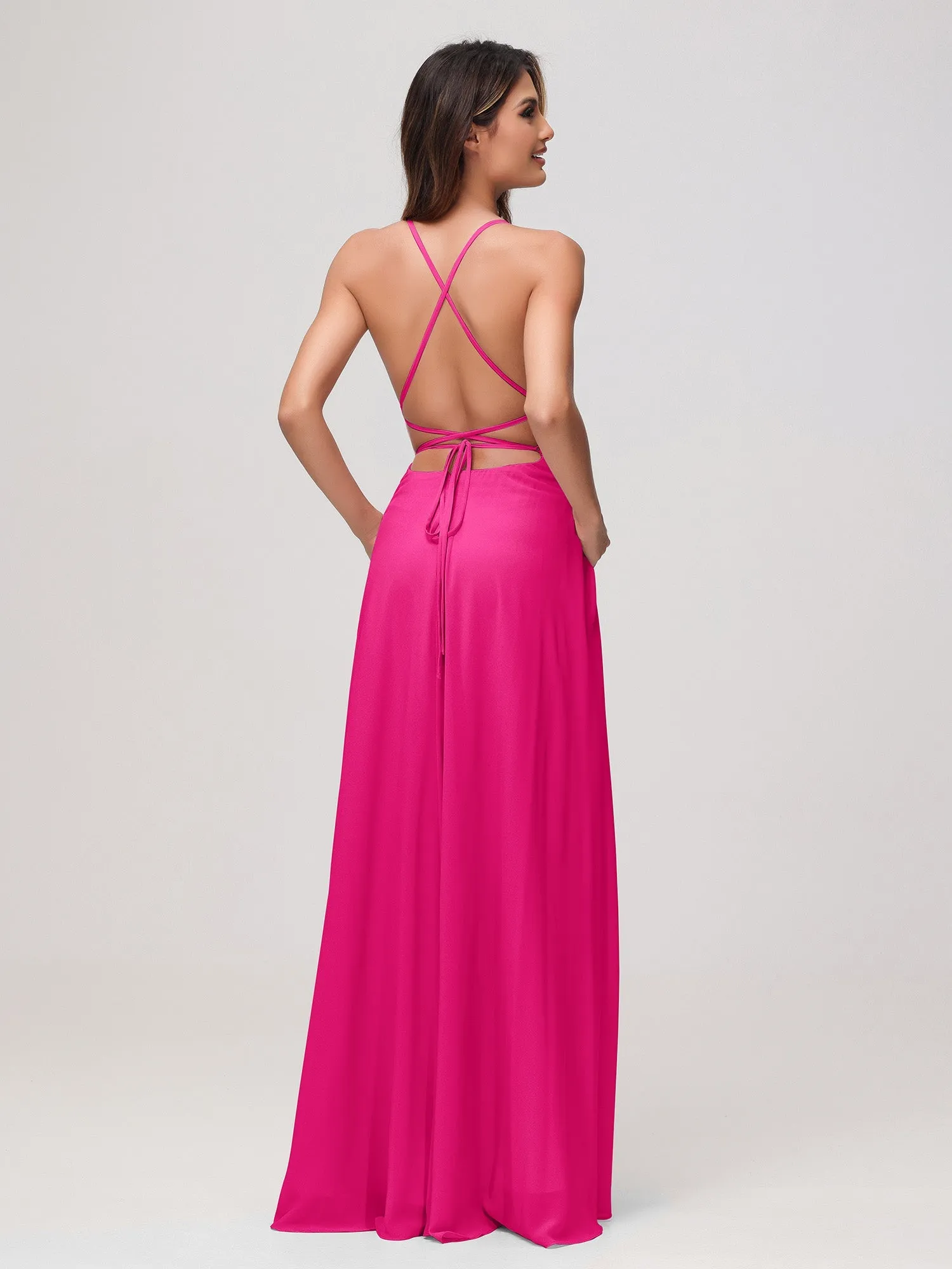A-Linie Quadrat Chiffon Kleid mit Schlitz Fuchsia