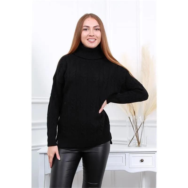 Damen Oversize Rollkragen-Pullover mit Zopfmuster Schwarz
