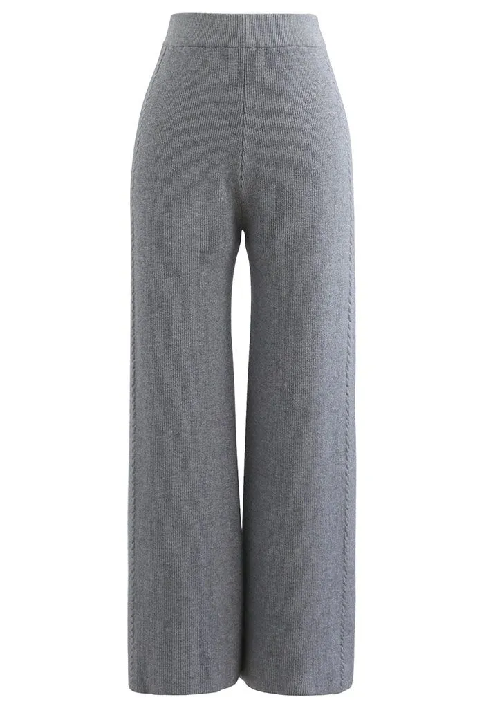 Doppelte Zöpfe – Gestrickte Hose mit geradem Bein in Grau