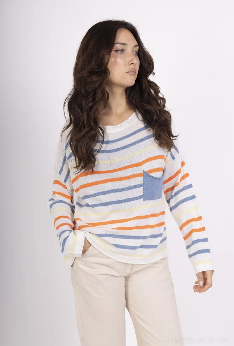 Feinstrickpullover mit gestreifter Tasche