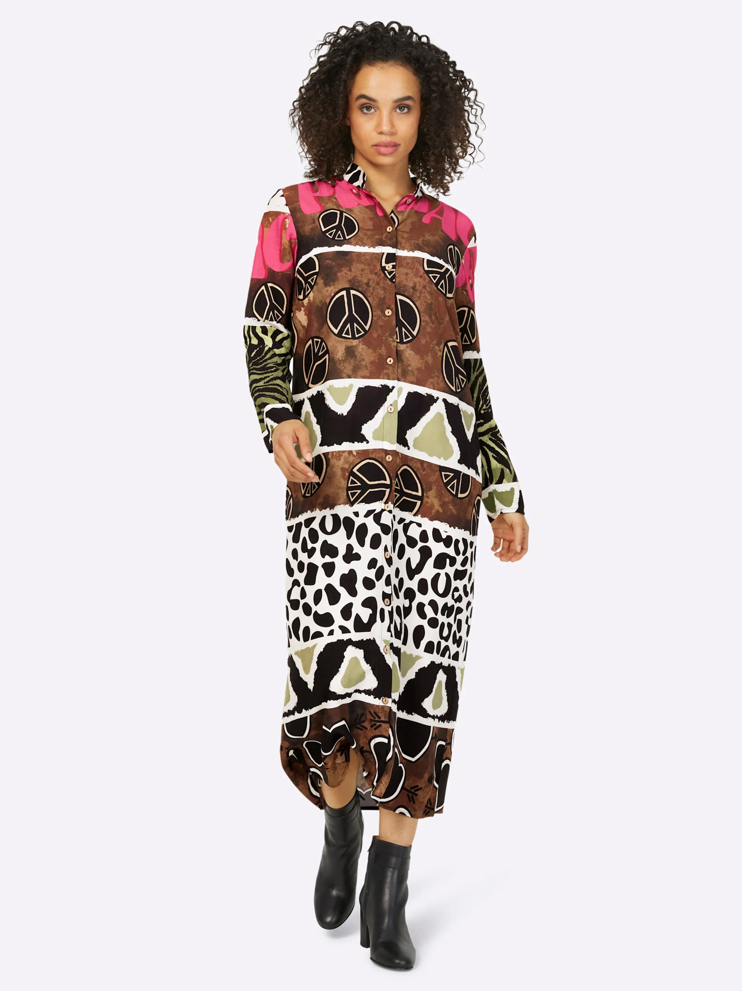 heine Druck-Kleid in camel-schwarz-bedruckt