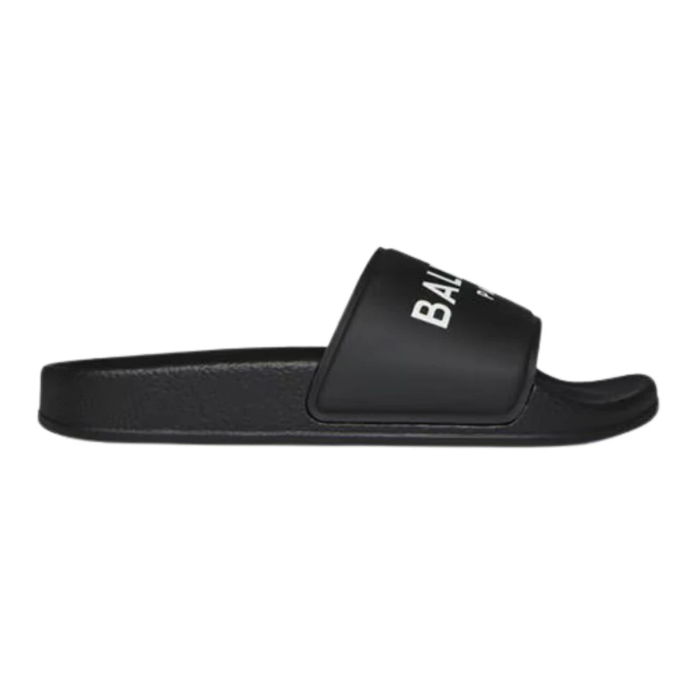 Schwarze Slide-Sandalen mit weißem Logo
