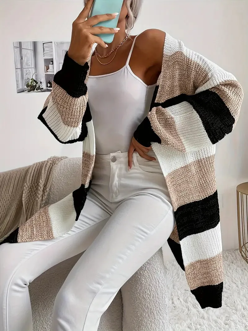 Strickjacke mit Blockmuster Gemütliche Drop Schulter Schicht für den Herbst