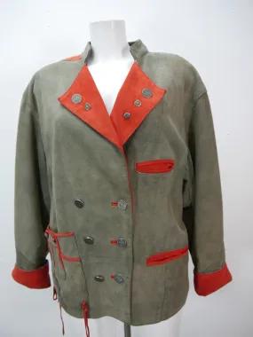 Verspeckter lässiger grüner Lederjanker mit Münzknöpfe Trachtenjacke Jacke Gr.40